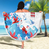 Hawaiian Tribal Manta Ray Beach Blanket Kakau Tattoo and Flowers Surfing Waves Pattern Ocean Color LT03 - Polynesian Pride