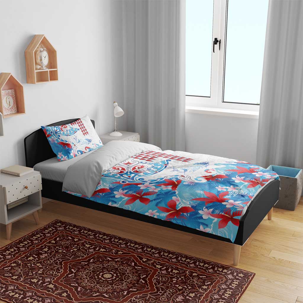 Hawaiian Tribal Manta Ray Bedding Set Kakau Tattoo and Flowers Surfing Waves Pattern Ocean Color