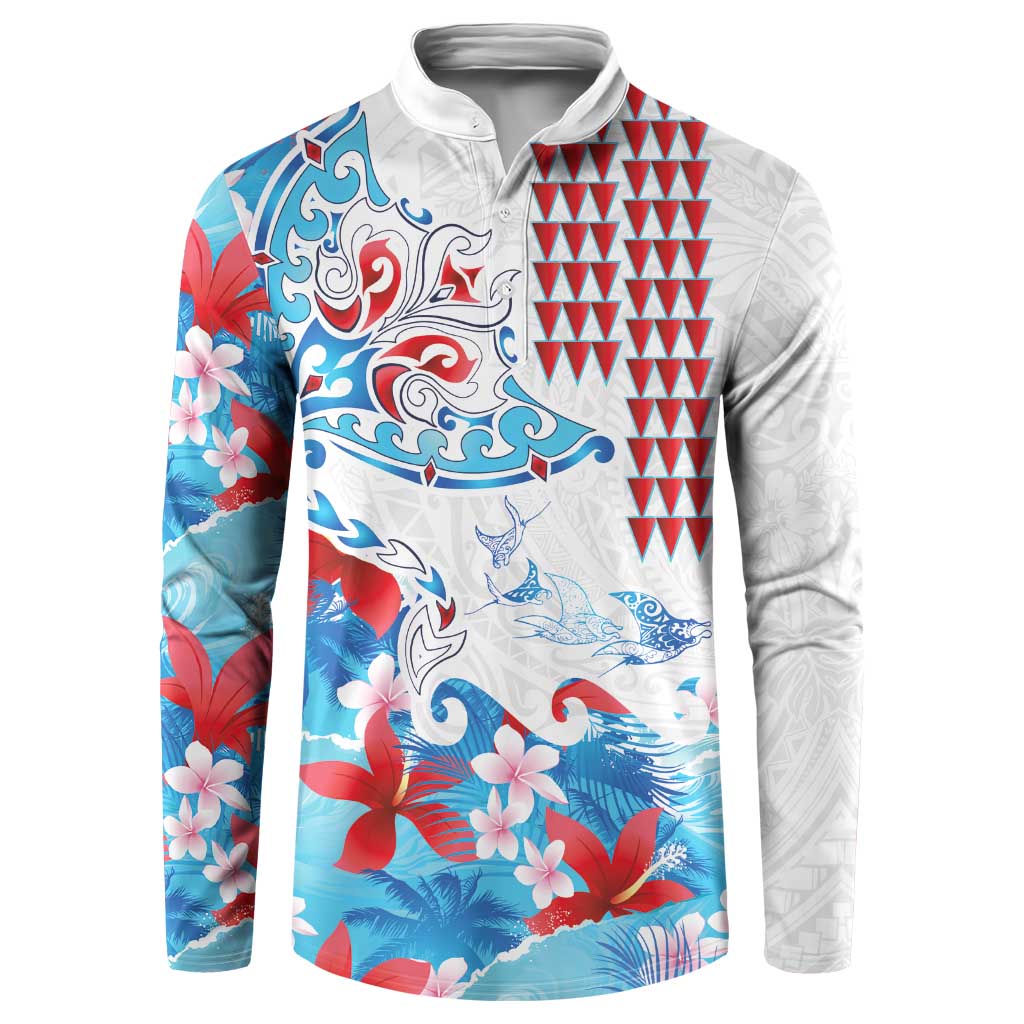 Hawaiian Tribal Manta Ray Button Sweatshirt Kakau Tattoo and Flowers Surfing Waves Pattern Ocean Color