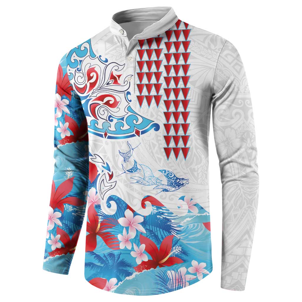 Hawaiian Tribal Manta Ray Button Sweatshirt Kakau Tattoo and Flowers Surfing Waves Pattern Ocean Color