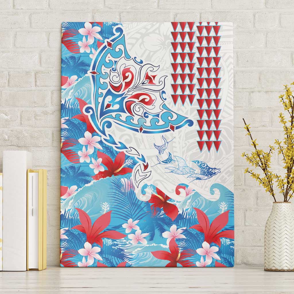 Hawaiian Tribal Manta Ray Canvas Wall Art Kakau Tattoo and Flowers Surfing Waves Pattern Ocean Color LT03 Without Frame Multicolor - Polynesian Pride