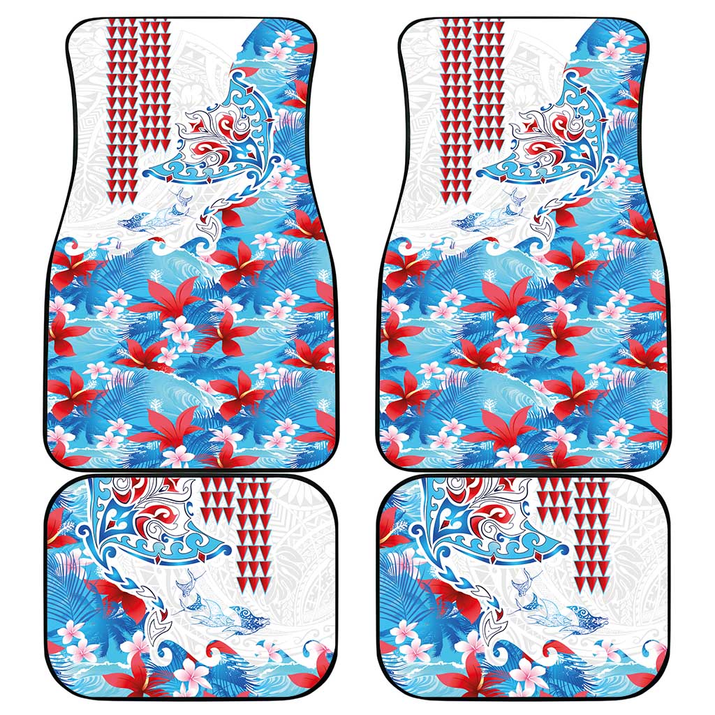 Hawaiian Tribal Manta Ray Car Mats Kakau Tattoo and Flowers Surfing Waves Pattern Ocean Color LT03 - Polynesian Pride