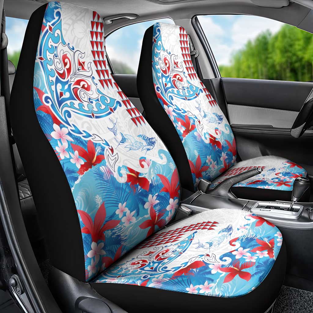 Hawaiian Tribal Manta Ray Car Seat Cover Kakau Tattoo and Flowers Surfing Waves Pattern Ocean Color LT03 - Polynesian Pride