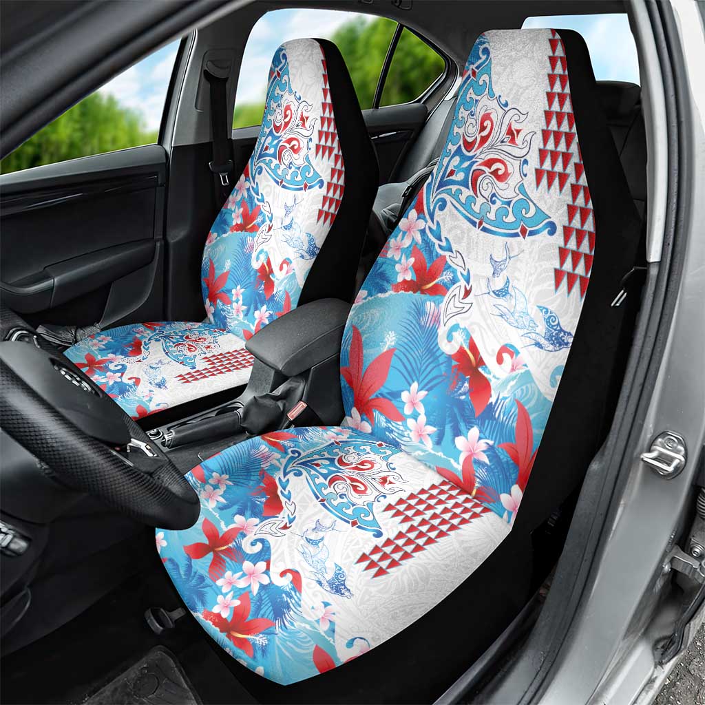 Hawaiian Tribal Manta Ray Car Seat Cover Kakau Tattoo and Flowers Surfing Waves Pattern Ocean Color LT03 - Polynesian Pride