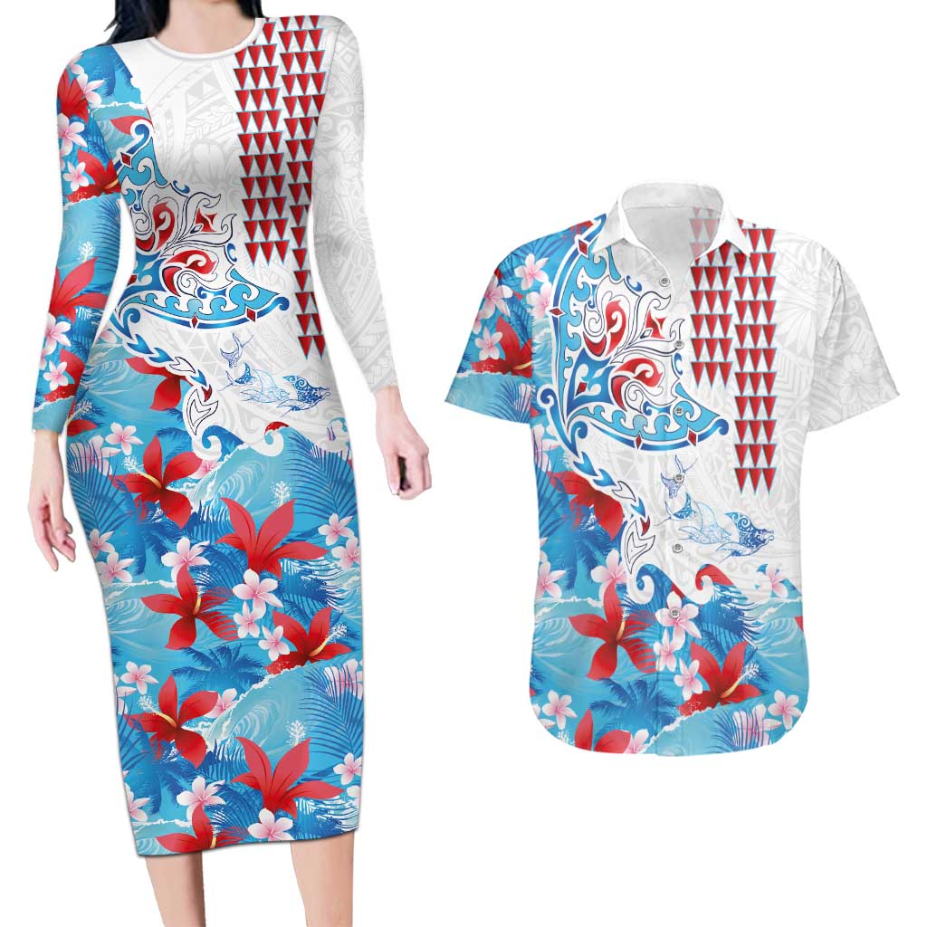 Hawaiian Tribal Manta Ray Couples Matching Long Sleeve Bodycon Dress and Hawaiian Shirt Kakau Tattoo and Flowers Surfing Waves Pattern Ocean Color