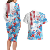 Hawaiian Tribal Manta Ray Couples Matching Long Sleeve Bodycon Dress and Hawaiian Shirt Kakau Tattoo and Flowers Surfing Waves Pattern Ocean Color LT03 - Polynesian Pride