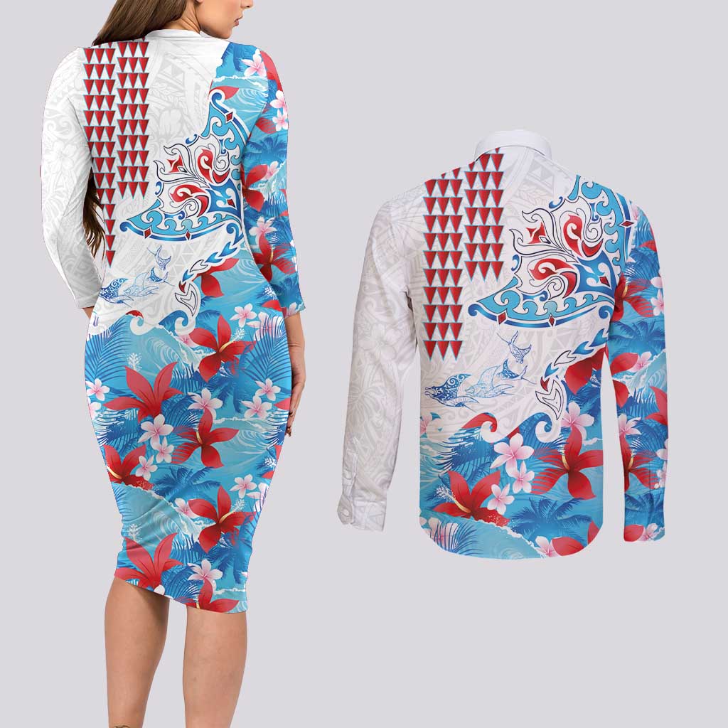 Hawaiian Tribal Manta Ray Couples Matching Long Sleeve Bodycon Dress and Long Sleeve Button Shirt Kakau Tattoo and Flowers Surfing Waves Pattern Ocean Color LT03 - Polynesian Pride