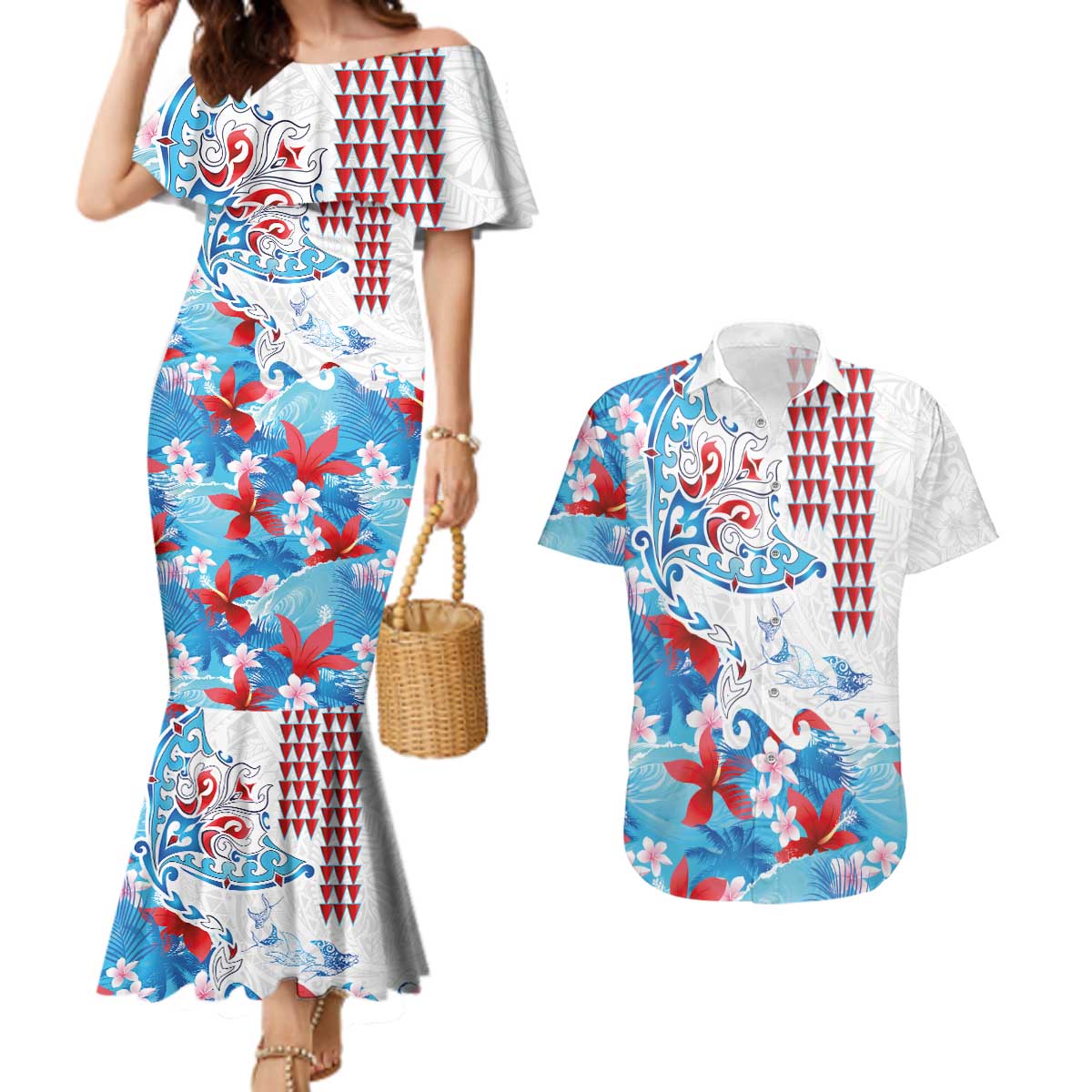 Hawaiian Tribal Manta Ray Couples Matching Mermaid Dress and Hawaiian Shirt Kakau Tattoo and Flowers Surfing Waves Pattern Ocean Color LT03 Multicolor - Polynesian Pride