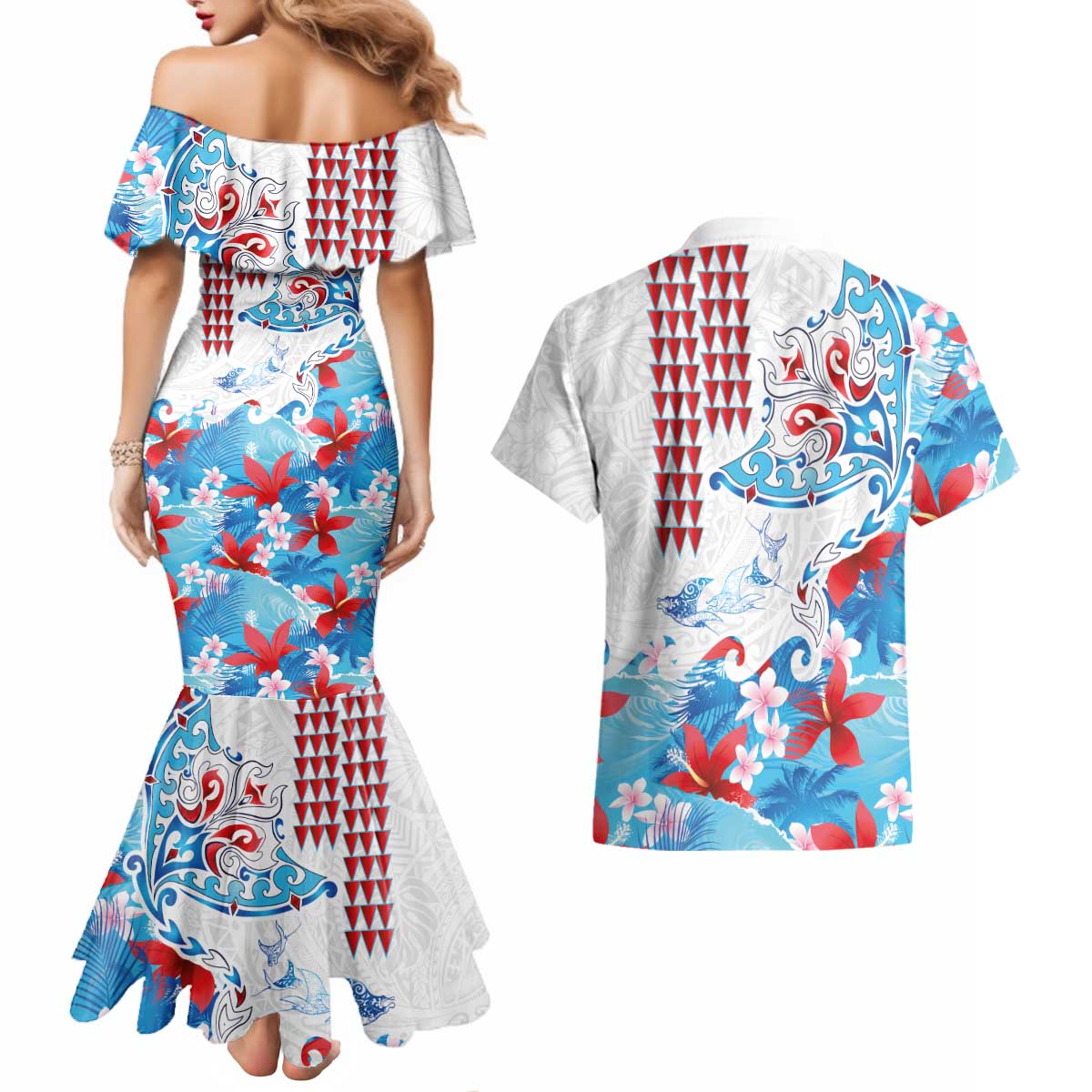 Hawaiian Tribal Manta Ray Couples Matching Mermaid Dress and Hawaiian Shirt Kakau Tattoo and Flowers Surfing Waves Pattern Ocean Color LT03 - Polynesian Pride