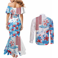 Hawaiian Tribal Manta Ray Couples Matching Mermaid Dress and Long Sleeve Button Shirt Kakau Tattoo and Flowers Surfing Waves Pattern Ocean Color LT03 - Polynesian Pride