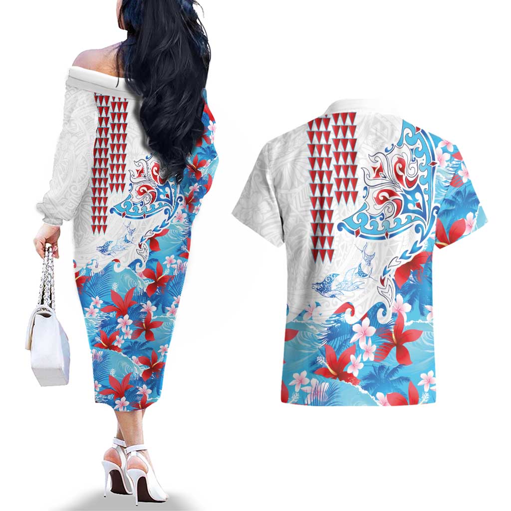 Hawaiian Tribal Manta Ray Couples Matching Off The Shoulder Long Sleeve Dress and Hawaiian Shirt Kakau Tattoo and Flowers Surfing Waves Pattern Ocean Color LT03 - Polynesian Pride