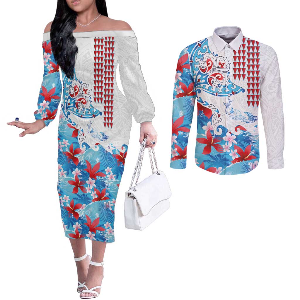 Hawaiian Tribal Manta Ray Couples Matching Off The Shoulder Long Sleeve Dress and Long Sleeve Button Shirt Kakau Tattoo and Flowers Surfing Waves Pattern Ocean Color LT03 Multicolor - Polynesian Pride