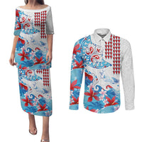 Hawaiian Tribal Manta Ray Couples Matching Puletasi and Long Sleeve Button Shirt Kakau Tattoo and Flowers Surfing Waves Pattern Ocean Color LT03 Multicolor - Polynesian Pride