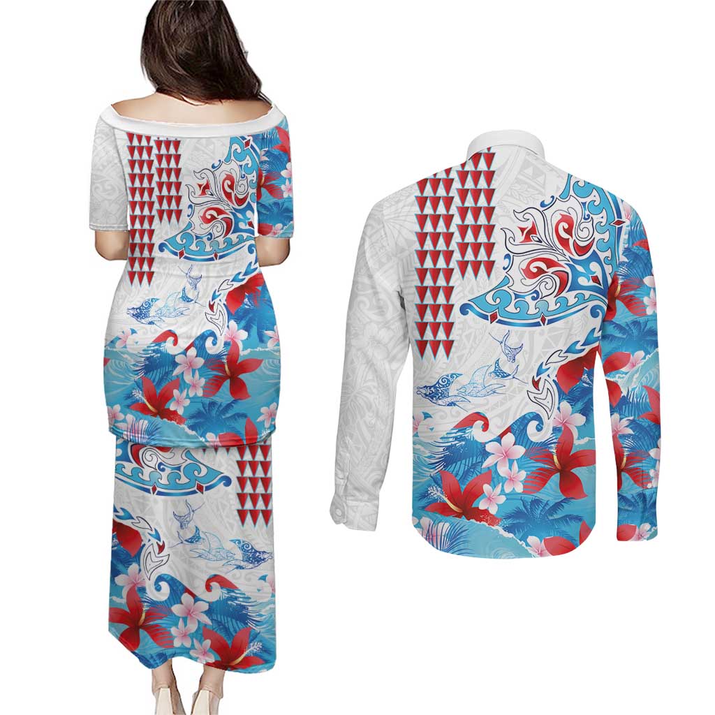 Hawaiian Tribal Manta Ray Couples Matching Puletasi and Long Sleeve Button Shirt Kakau Tattoo and Flowers Surfing Waves Pattern Ocean Color LT03 - Polynesian Pride