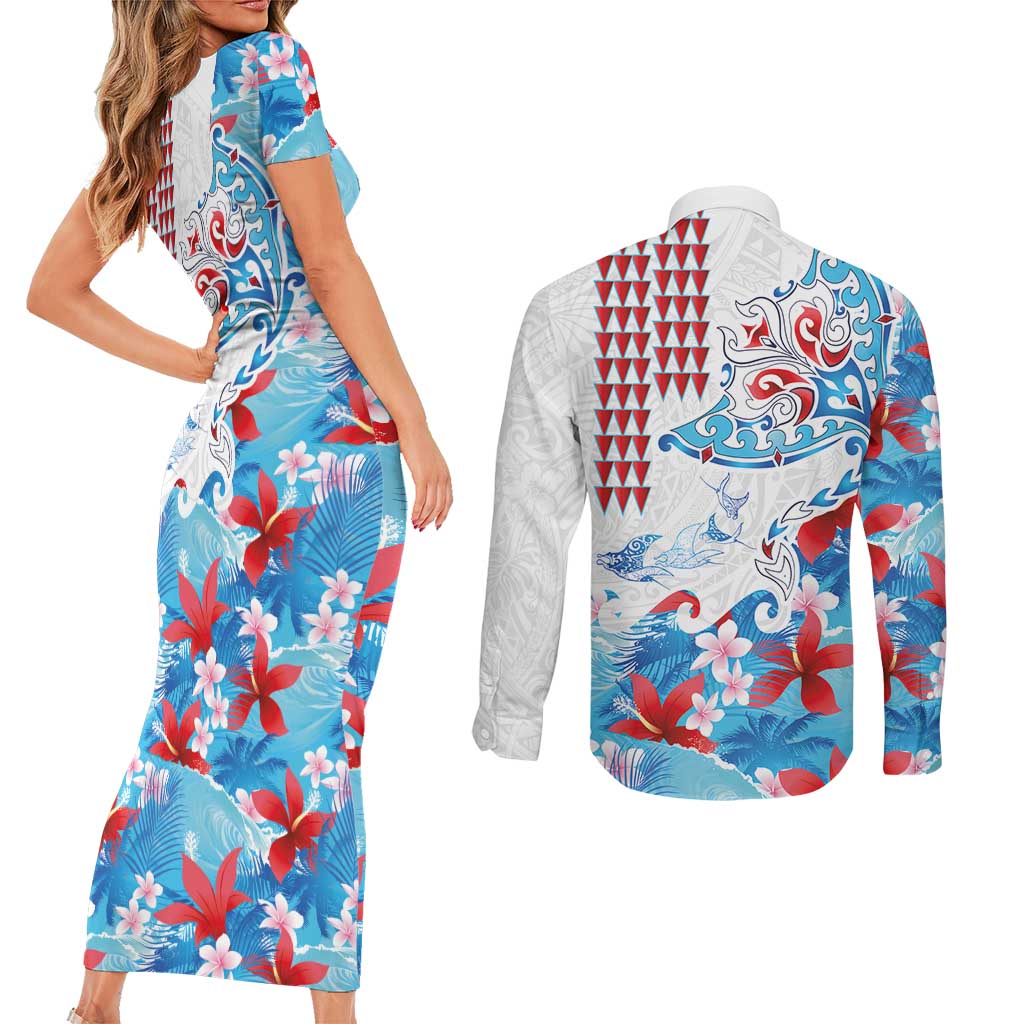 Hawaiian Tribal Manta Ray Couples Matching Short Sleeve Bodycon Dress and Long Sleeve Button Shirt Kakau Tattoo and Flowers Surfing Waves Pattern Ocean Color LT03 - Polynesian Pride