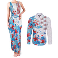 Hawaiian Tribal Manta Ray Couples Matching Tank Maxi Dress and Long Sleeve Button Shirt Kakau Tattoo and Flowers Surfing Waves Pattern Ocean Color LT03 Multicolor - Polynesian Pride
