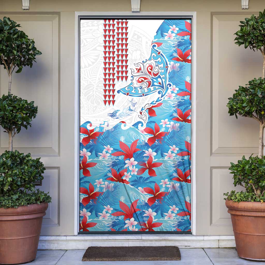 Hawaiian Tribal Manta Ray Door Cover Kakau Tattoo and Flowers Surfing Waves Pattern Ocean Color LT03 Multicolor - Polynesian Pride