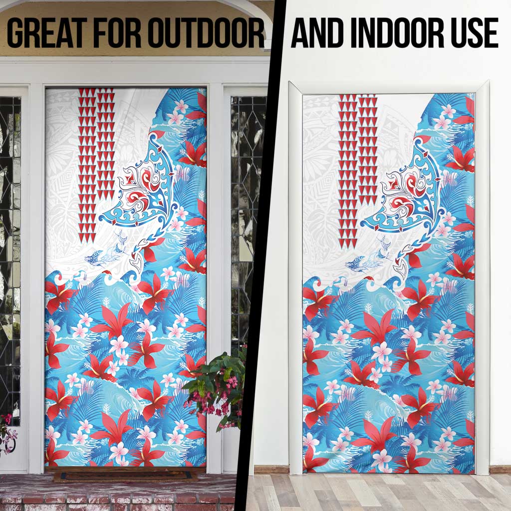 Hawaiian Tribal Manta Ray Door Cover Kakau Tattoo and Flowers Surfing Waves Pattern Ocean Color LT03 - Polynesian Pride