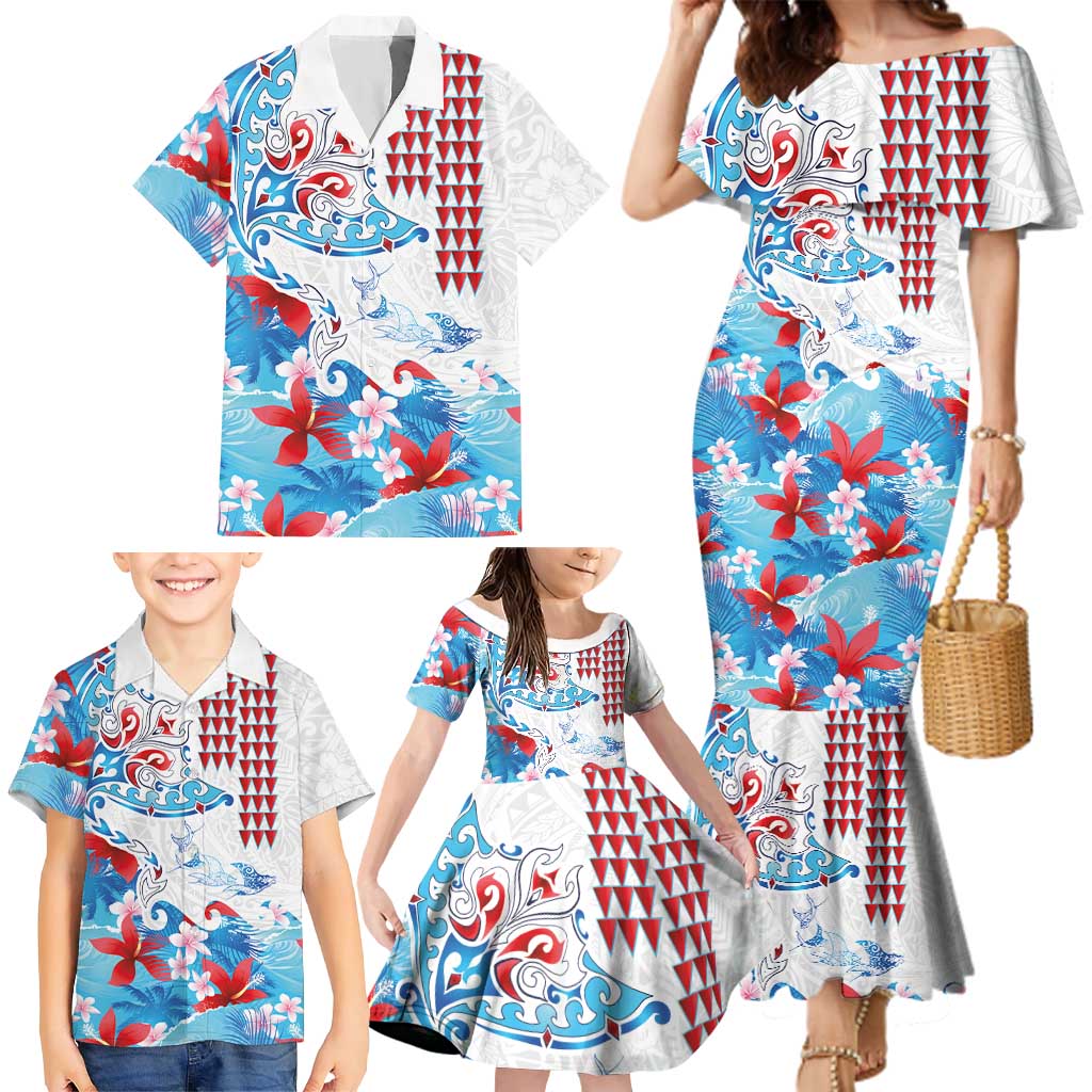 Hawaiian Tribal Manta Ray Family Matching Mermaid Dress and Hawaiian Shirt Kakau Tattoo and Flowers Surfing Waves Pattern Ocean Color LT03 - Polynesian Pride