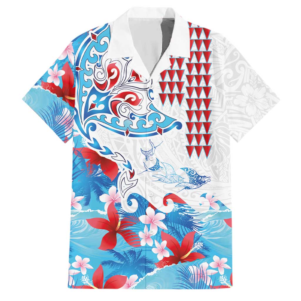 Hawaiian Tribal Manta Ray Family Matching Mermaid Dress and Hawaiian Shirt Kakau Tattoo and Flowers Surfing Waves Pattern Ocean Color LT03 Dad's Shirt - Short Sleeve Multicolor - Polynesian Pride