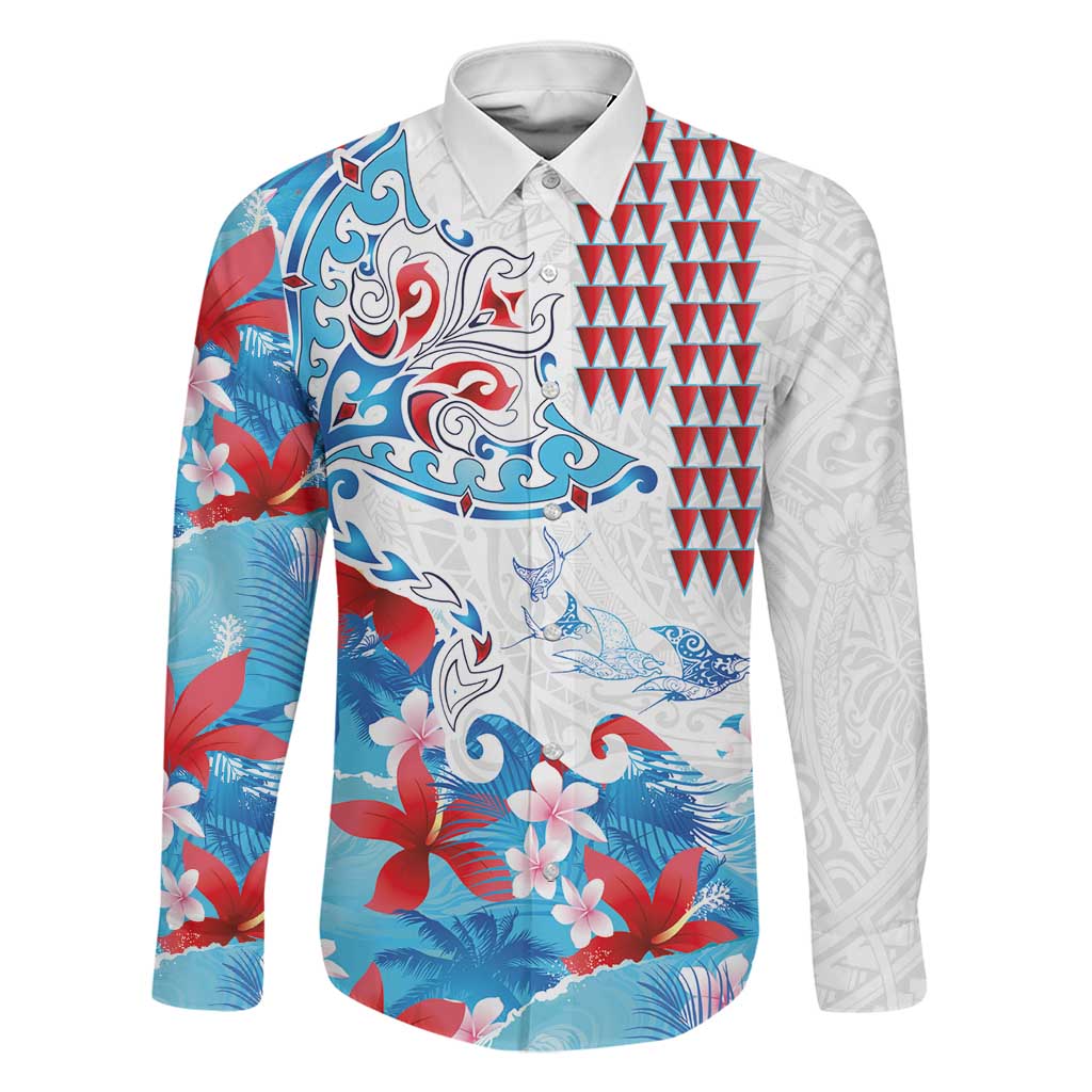 Hawaiian Tribal Manta Ray Family Matching Mermaid Dress and Hawaiian Shirt Kakau Tattoo and Flowers Surfing Waves Pattern Ocean Color LT03 Dad's Shirt - Long Sleeve Multicolor - Polynesian Pride