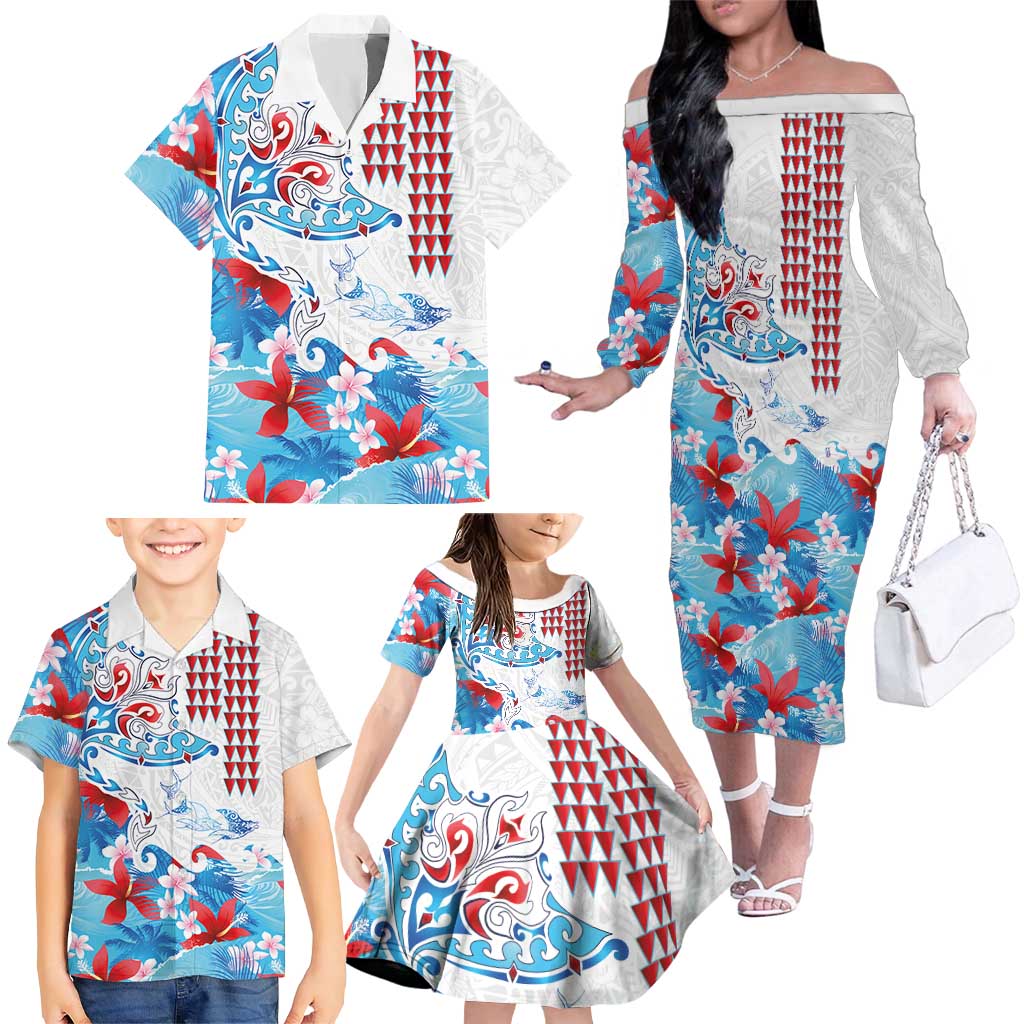 Hawaiian Tribal Manta Ray Family Matching Off The Shoulder Long Sleeve Dress and Hawaiian Shirt Kakau Tattoo and Flowers Surfing Waves Pattern Ocean Color LT03 - Polynesian Pride