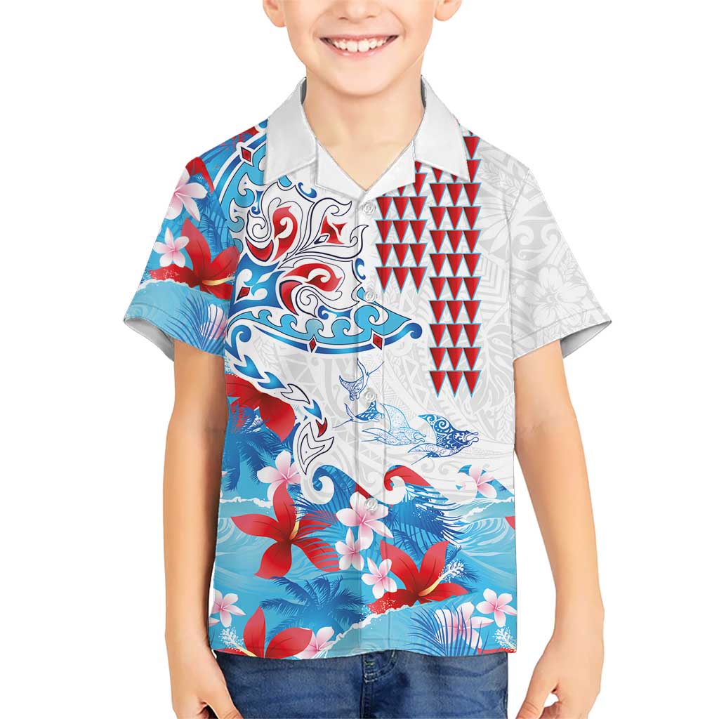 Hawaiian Tribal Manta Ray Family Matching Off Shoulder Maxi Dress and Hawaiian Shirt Kakau Tattoo and Flowers Surfing Waves Pattern Ocean Color LT03 Son's Shirt Multicolor - Polynesian Pride
