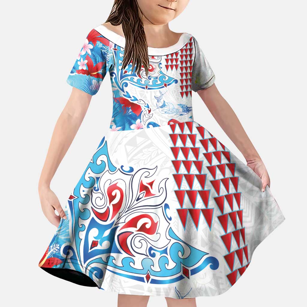 Hawaiian Tribal Manta Ray Family Matching Off Shoulder Short Dress and Hawaiian Shirt Kakau Tattoo and Flowers Surfing Waves Pattern Ocean Color LT03 Daughter's Dress Multicolor - Polynesian Pride