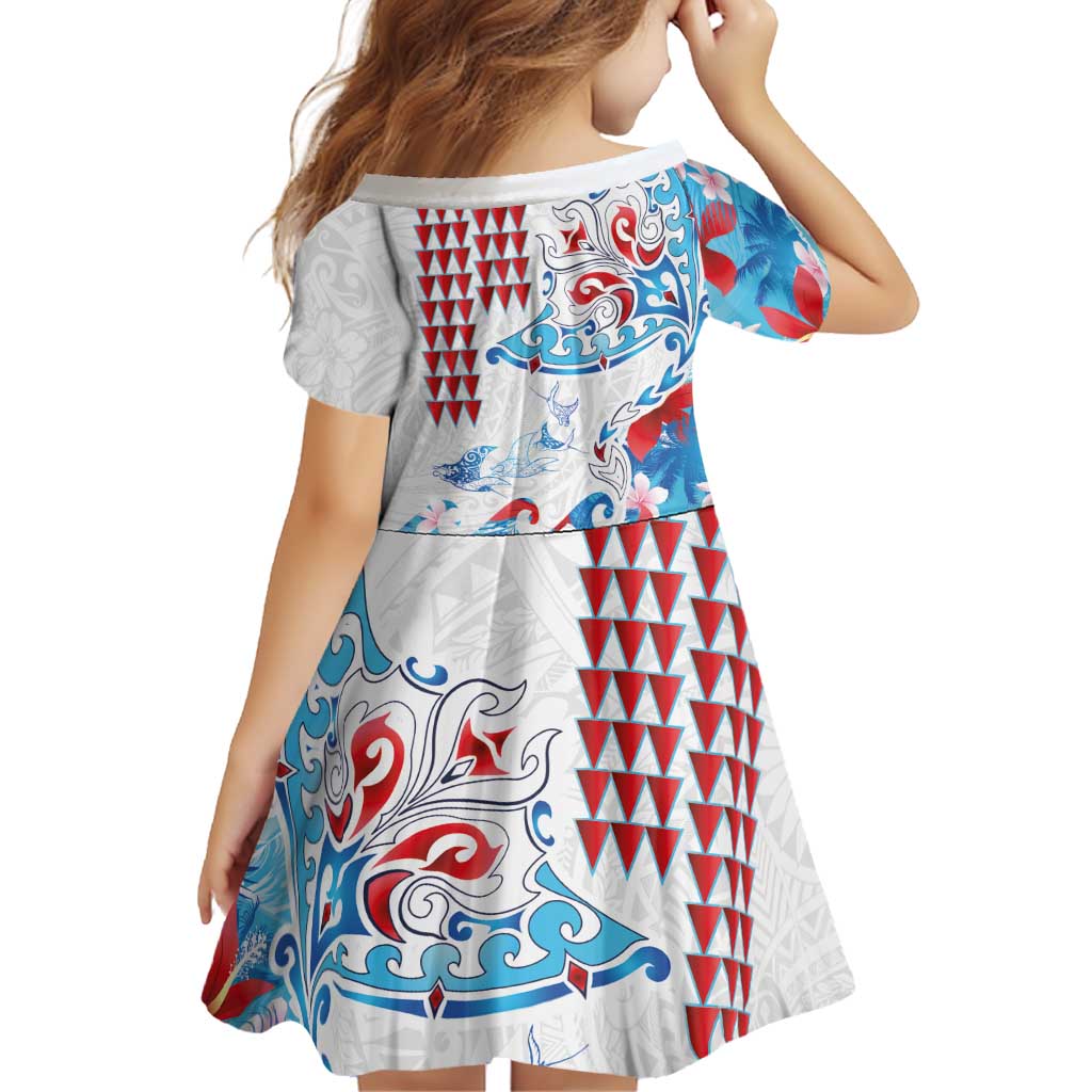 Hawaiian Tribal Manta Ray Family Matching Off Shoulder Short Dress and Hawaiian Shirt Kakau Tattoo and Flowers Surfing Waves Pattern Ocean Color LT03 - Polynesian Pride