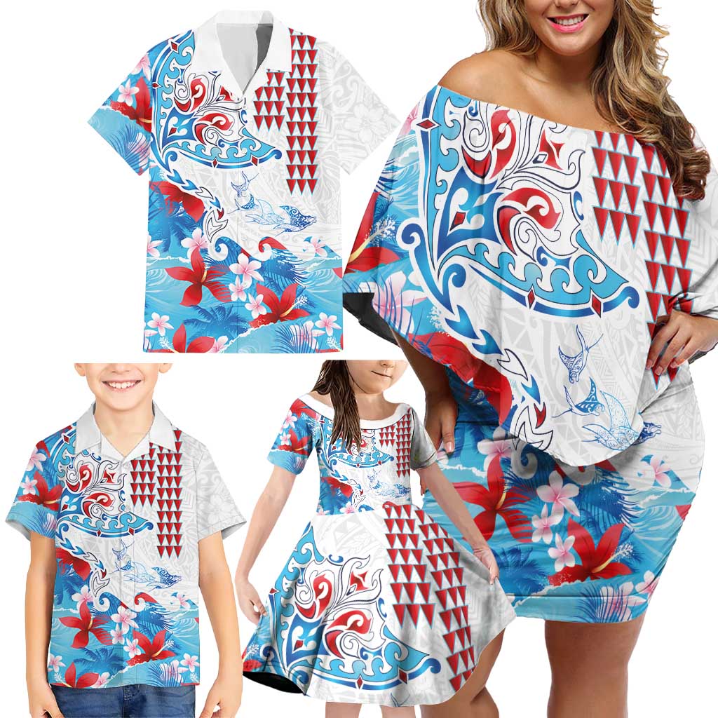 Hawaiian Tribal Manta Ray Family Matching Off Shoulder Short Dress and Hawaiian Shirt Kakau Tattoo and Flowers Surfing Waves Pattern Ocean Color LT03 - Polynesian Pride