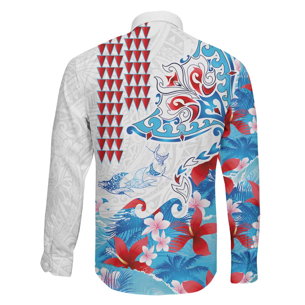 Hawaiian Tribal Manta Ray Family Matching Off Shoulder Short Dress and Hawaiian Shirt Kakau Tattoo and Flowers Surfing Waves Pattern Ocean Color LT03 - Polynesian Pride