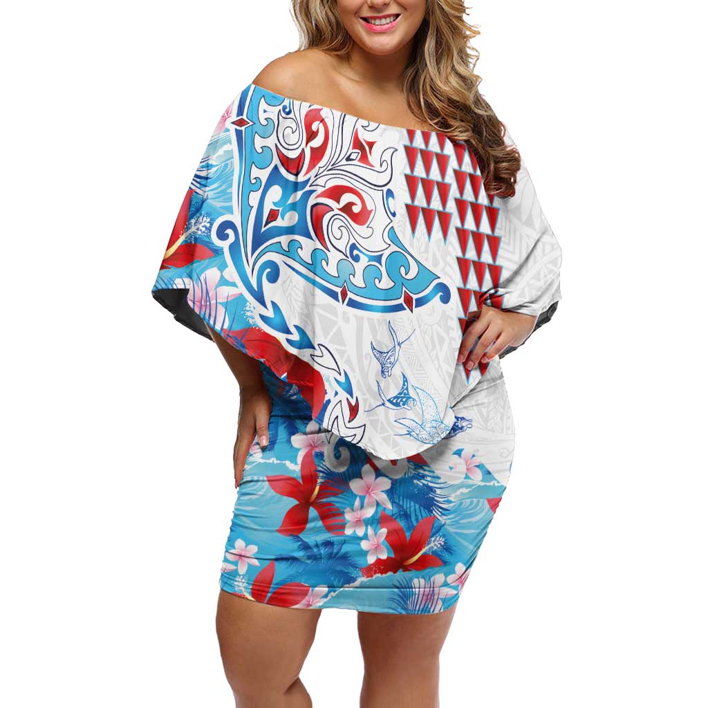 Hawaiian Tribal Manta Ray Family Matching Off Shoulder Short Dress and Hawaiian Shirt Kakau Tattoo and Flowers Surfing Waves Pattern Ocean Color LT03 Mom's Dress Multicolor - Polynesian Pride