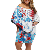 Hawaiian Tribal Manta Ray Family Matching Off Shoulder Short Dress and Hawaiian Shirt Kakau Tattoo and Flowers Surfing Waves Pattern Ocean Color LT03 Mom's Dress Multicolor - Polynesian Pride