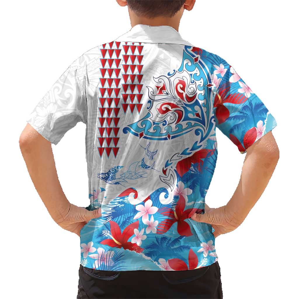 Hawaiian Tribal Manta Ray Family Matching Short Sleeve Bodycon Dress and Hawaiian Shirt Kakau Tattoo and Flowers Surfing Waves Pattern Ocean Color LT03 - Polynesian Pride