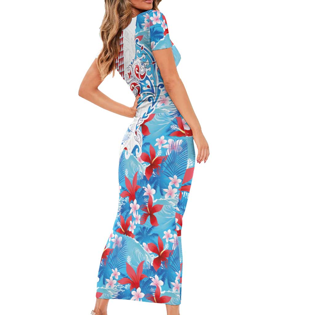 Hawaiian Tribal Manta Ray Family Matching Short Sleeve Bodycon Dress and Hawaiian Shirt Kakau Tattoo and Flowers Surfing Waves Pattern Ocean Color LT03 - Polynesian Pride