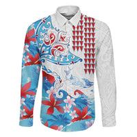 Hawaiian Tribal Manta Ray Family Matching Summer Maxi Dress and Hawaiian Shirt Kakau Tattoo and Flowers Surfing Waves Pattern Ocean Color LT03 Dad's Shirt - Long Sleeve Multicolor - Polynesian Pride