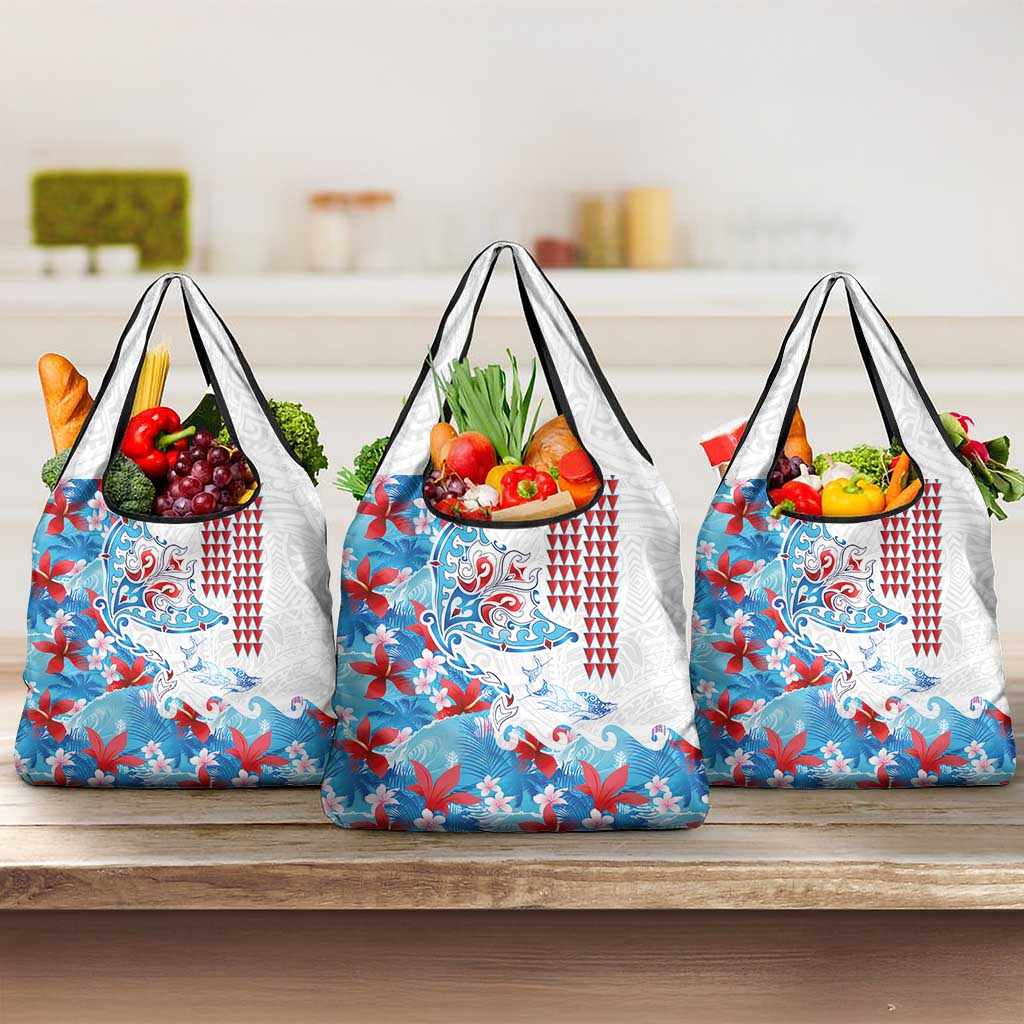 Hawaiian Tribal Manta Ray Grocery Bag Kakau Tattoo and Flowers Surfing Waves Pattern Ocean Color LT03 3-pack One Size Multicolor - Polynesian Pride