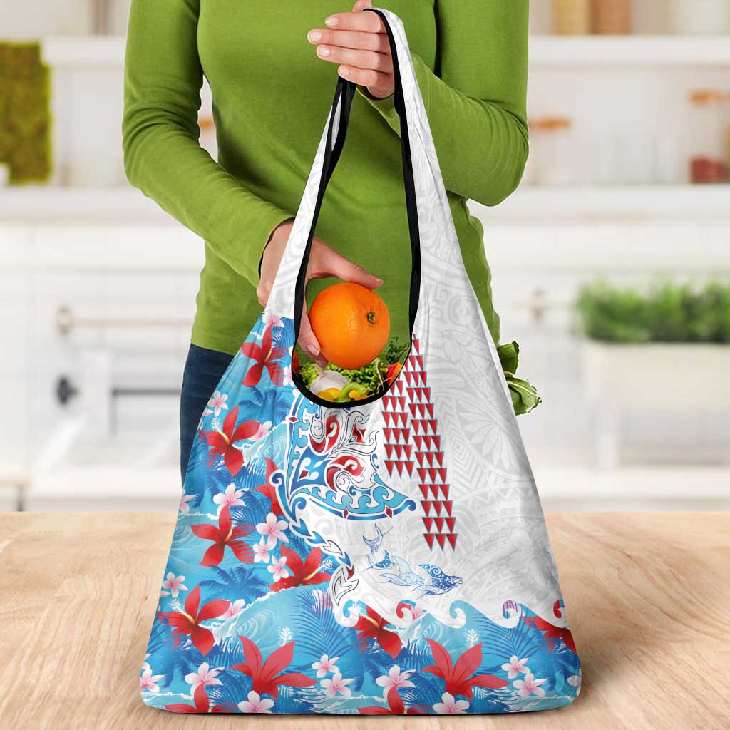 Hawaiian Tribal Manta Ray Grocery Bag Kakau Tattoo and Flowers Surfing Waves Pattern Ocean Color LT03 - Polynesian Pride