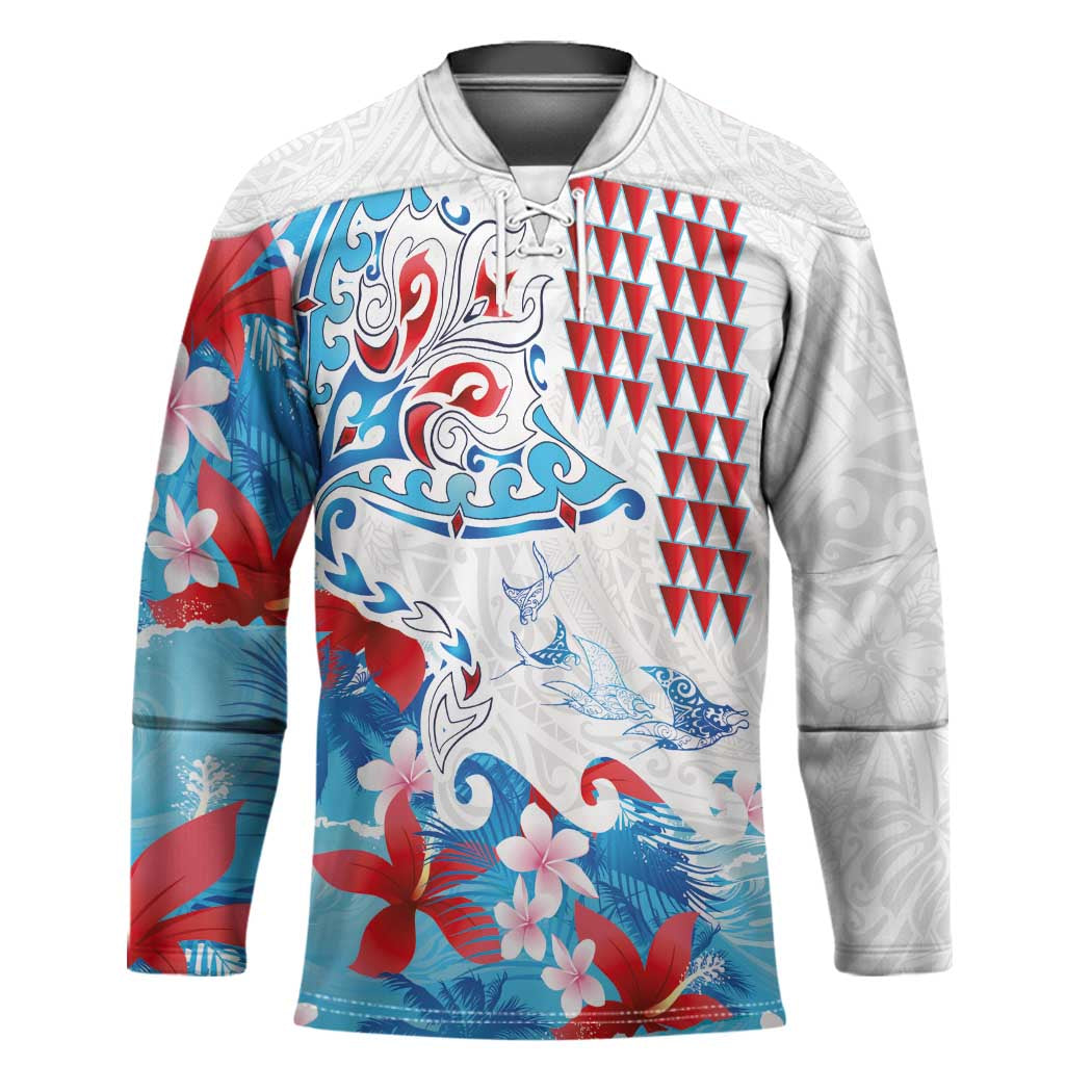 Hawaiian Tribal Manta Ray Hockey Jersey Kakau Tattoo and Flowers Surfing Waves Pattern Ocean Color
