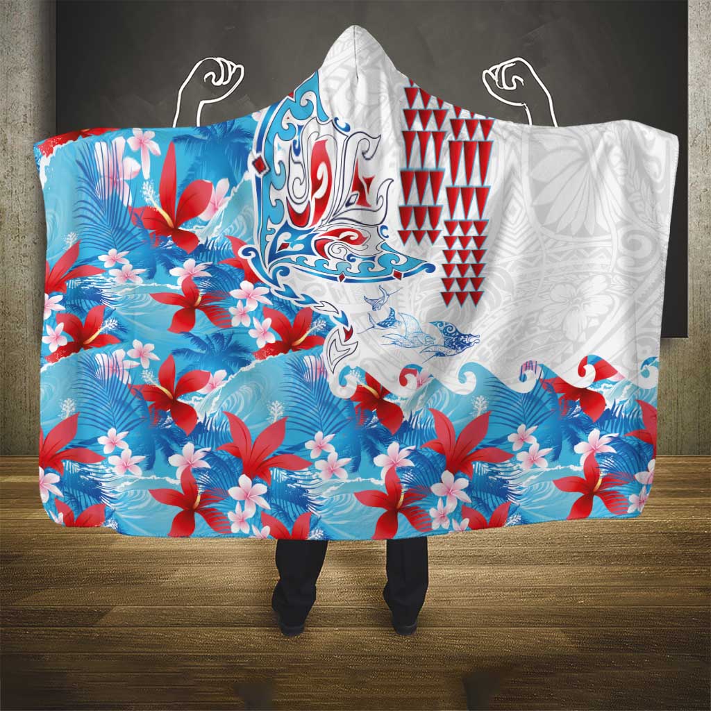 Hawaiian Tribal Manta Ray Hooded Blanket Kakau Tattoo and Flowers Surfing Waves Pattern Ocean Color LT03 - Polynesian Pride