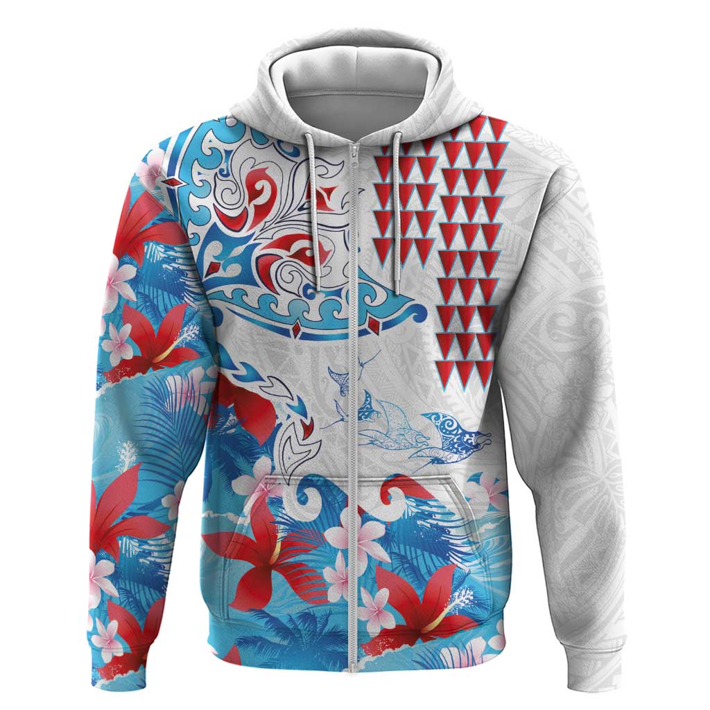 Hawaiian Tribal Manta Ray Hoodie Kakau Tattoo and Flowers Surfing Waves Pattern Ocean Color LT03 Zip Hoodie Multicolor - Polynesian Pride