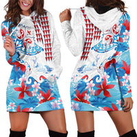 Hawaiian Tribal Manta Ray Hoodie Dress Kakau Tattoo and Flowers Surfing Waves Pattern Ocean Color LT03 - Polynesian Pride