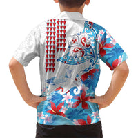 Hawaiian Tribal Manta Ray Kid Hawaiian Shirt Kakau Tattoo and Flowers Surfing Waves Pattern Ocean Color LT03 - Polynesian Pride