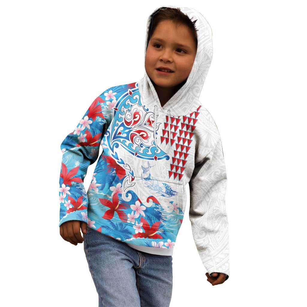 Hawaiian Tribal Manta Ray Kid Hoodie Kakau Tattoo and Flowers Surfing Waves Pattern Ocean Color LT03 - Polynesian Pride