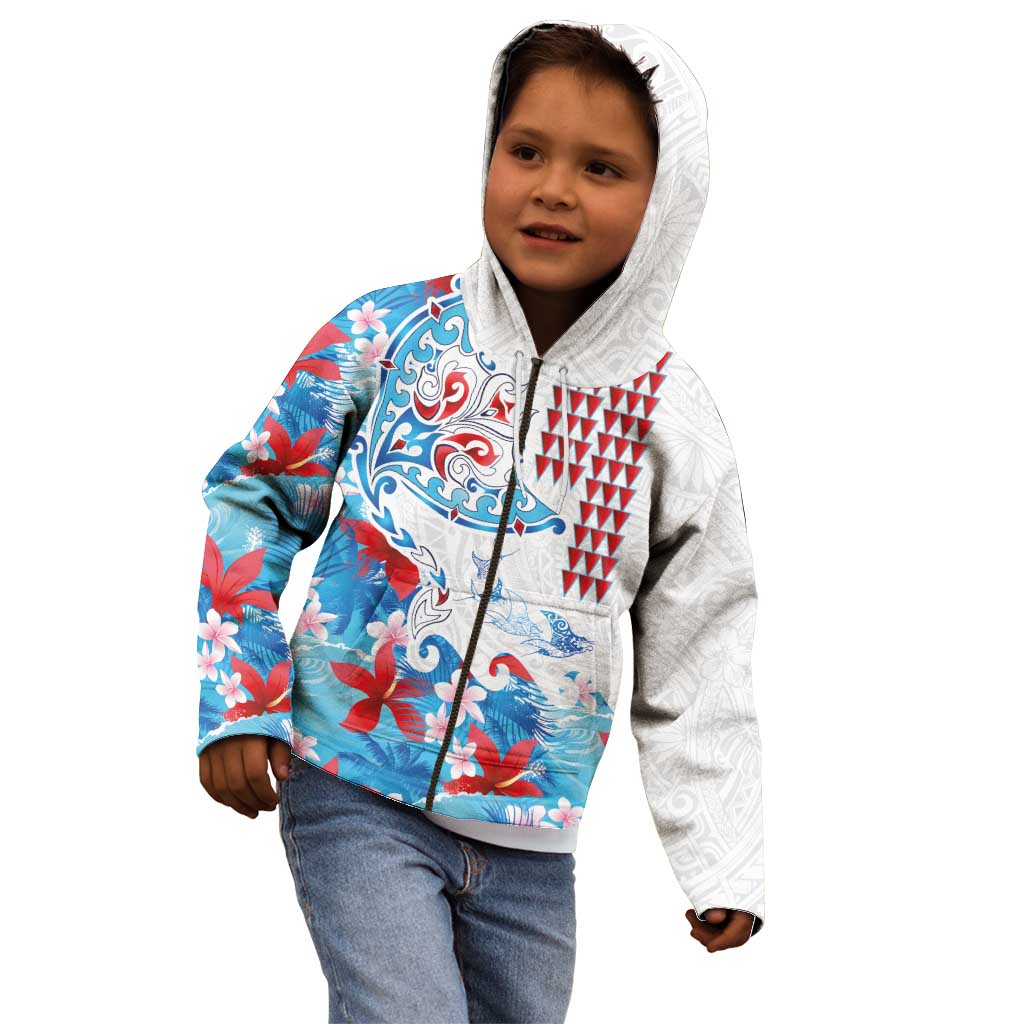 Hawaiian Tribal Manta Ray Kid Hoodie Kakau Tattoo and Flowers Surfing Waves Pattern Ocean Color LT03 - Polynesian Pride