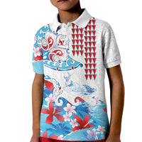 Hawaiian Tribal Manta Ray Kid Polo Shirt Kakau Tattoo and Flowers Surfing Waves Pattern Ocean Color LT03 Kid Multicolor - Polynesian Pride