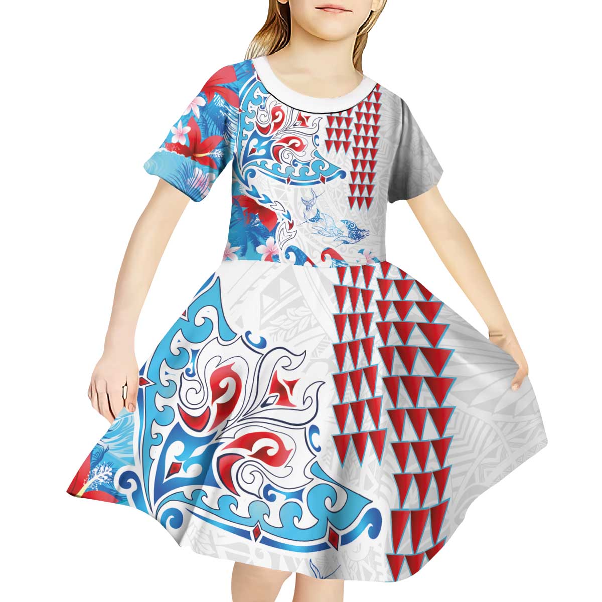 Hawaiian Tribal Manta Ray Kid Short Sleeve Dress Kakau Tattoo and Flowers Surfing Waves Pattern Ocean Color LT03 - Polynesian Pride