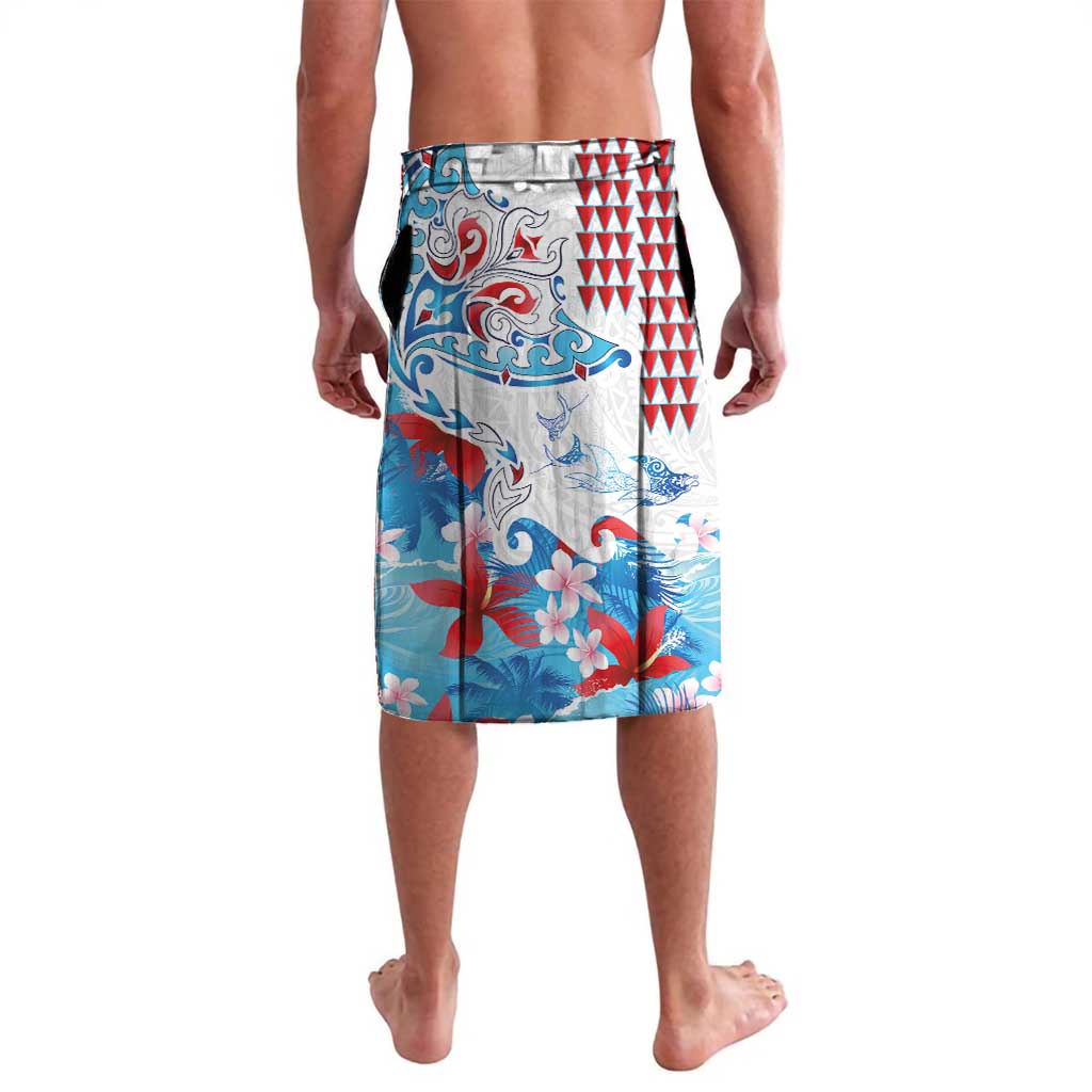 Hawaiian Tribal Manta Ray Lavalava Kakau Tattoo and Flowers Surfing Waves Pattern Ocean Color