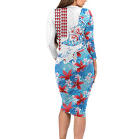 Hawaiian Tribal Manta Ray Long Sleeve Bodycon Dress Kakau Tattoo and Flowers Surfing Waves Pattern Ocean Color LT03 - Polynesian Pride