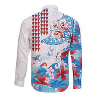 Hawaiian Tribal Manta Ray Long Sleeve Button Shirt Kakau Tattoo and Flowers Surfing Waves Pattern Ocean Color LT03 - Polynesian Pride
